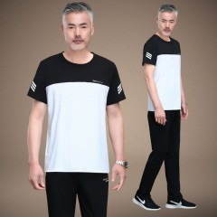 【正品冰絲】休閑運動套裝男中年爸爸短袖POLO衫翻領兩件套